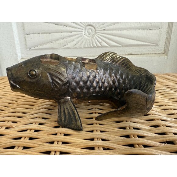 Vintage MCM Japan Bronze Metal Koi Fish Flower Frog Ikebana - Picture 13 of 14